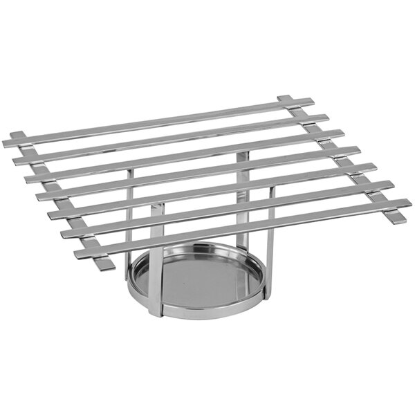 A stainless steel rack with a round base and four bars.