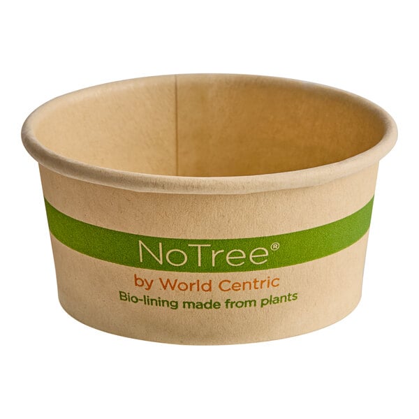 A World Centric compostable portion cup with "NoTree" on it.