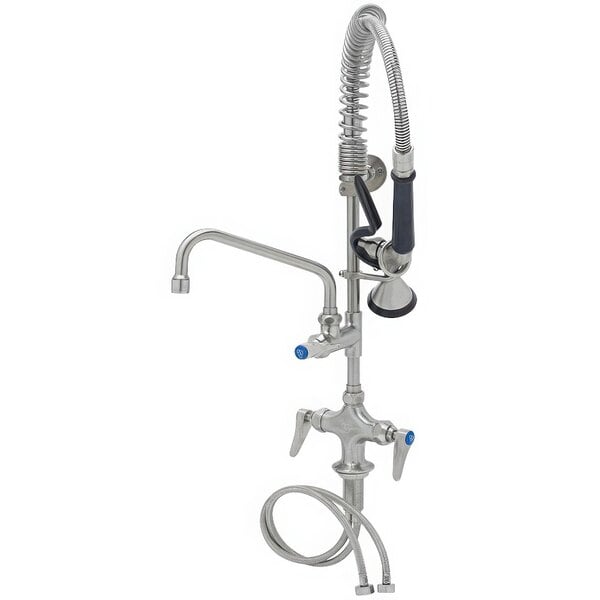 A stainless steel deck mount pre-rinse faucet with a hose and mini pre-rinse unit.