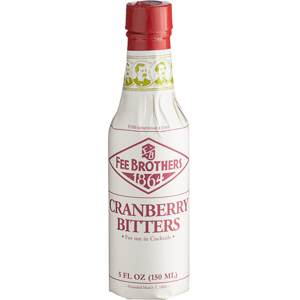 A white bottle of Fee Brothers Cranberry Bitters with a red label.