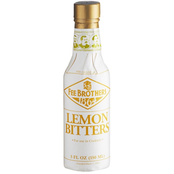 A white Fee Brothers bottle with gold text for lemon bitters.