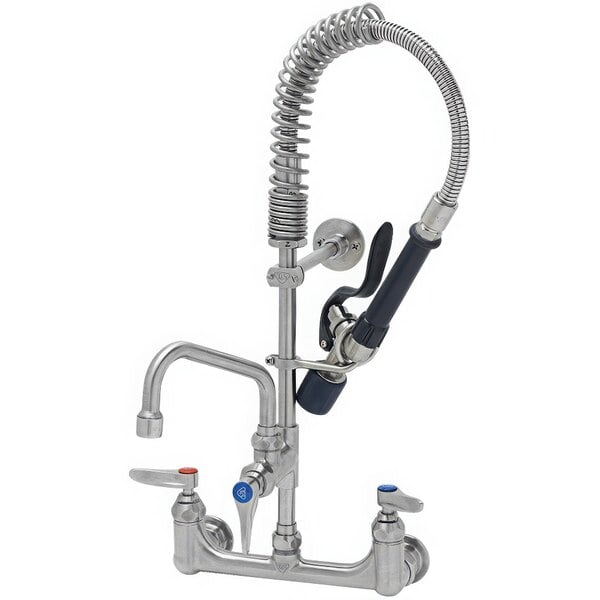 A silver stainless steel Eversteel wall mount pre-rinse faucet with a hose and sprayer.
