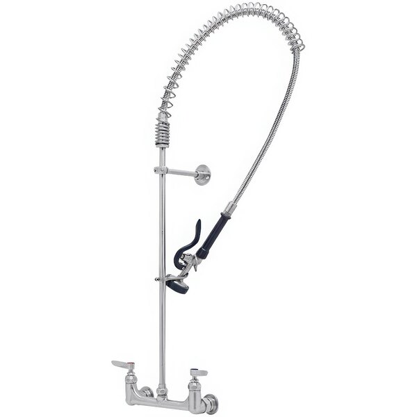 A stainless steel Eversteel wall mount pre-rinse faucet with curved hose and sprayer.
