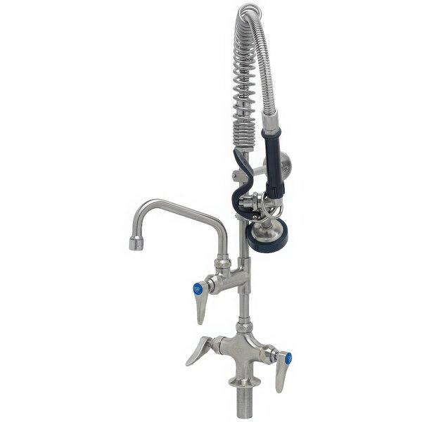 A stainless steel deck mount pre-rinse faucet with a 6" swing nozzle and mini pre-rinse unit hose and sprayer.