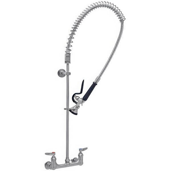 A silver stainless steel Eversteel wall mount pre-rinse faucet with a hose and sprayer.