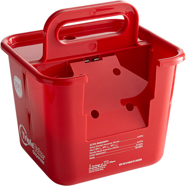 A red plastic Triple Take dispenser with a handle.