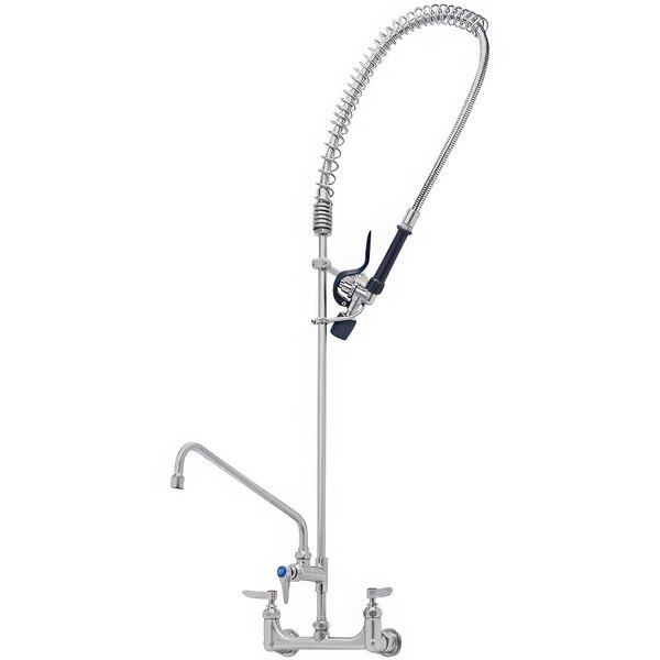 A silver Eversteel wall mount pre-rinse faucet with hose and sprayer.