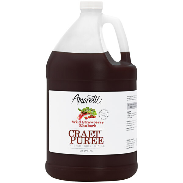 A white jug of Amoretti Wild Strawberry Rhubarb craft puree.