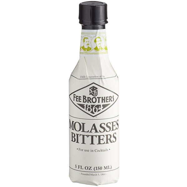 A white Fee Brothers bottle of molasses bitters with black text and a black cap.