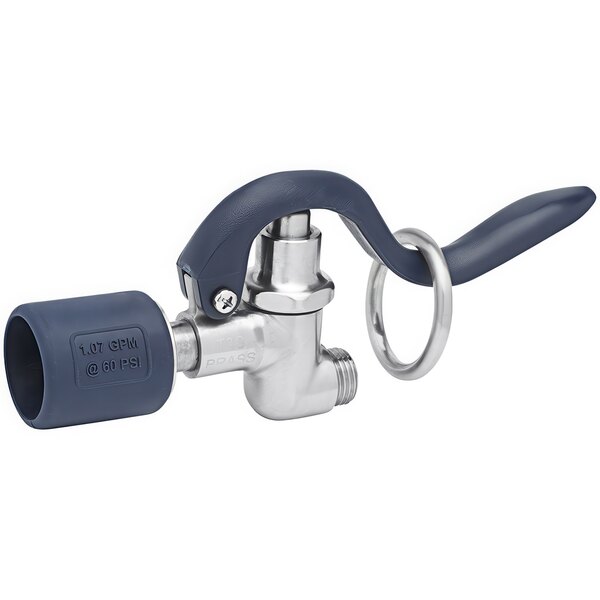 A close-up of a blue and silver Eversteel spray valve with a handle.