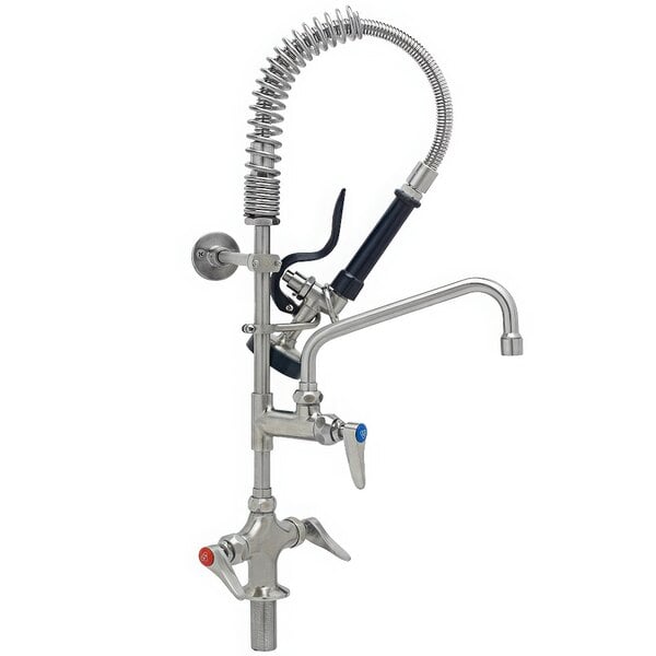 A silver stainless steel deck mount pre-rinse faucet with a hose and sprayer.