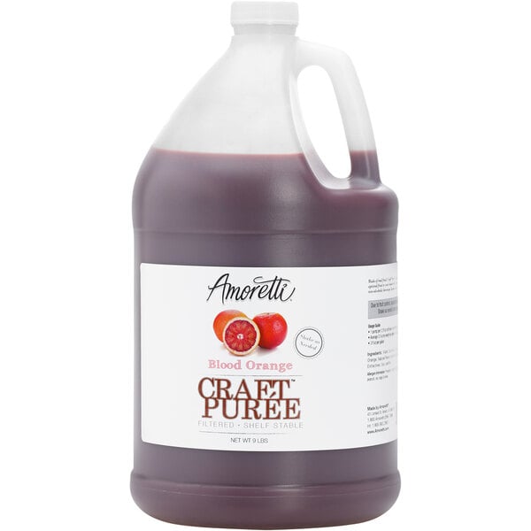 A gallon jug of Amoretti Blood Orange craft puree with a white label.