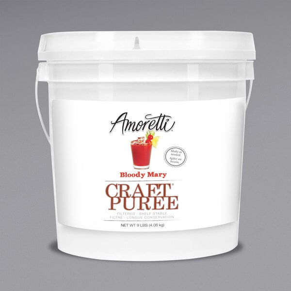 A white bucket of Amoretti Bloody Mary Craft Puree with a label.