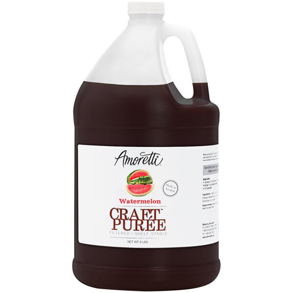 A gallon jug of Amoretti Watermelon Craft Puree with a white label.