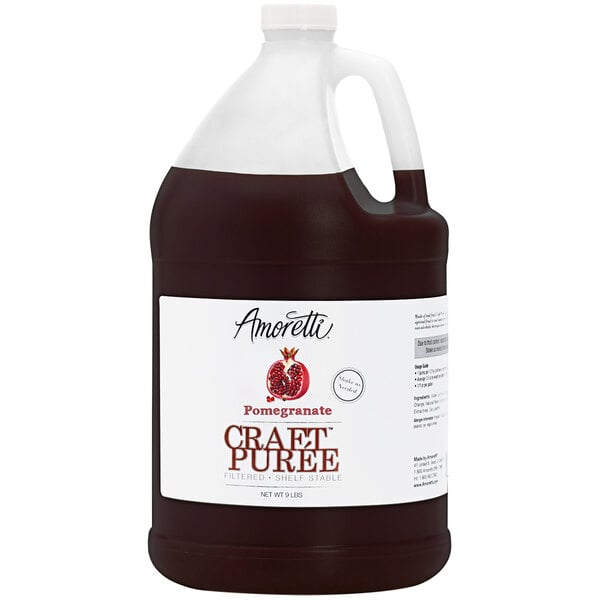 A white jug of Amoretti Pomegranate Craft Puree with a white label.