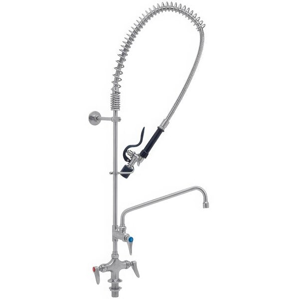 A silver Eversteel deck mount pre-rinse faucet with curved hose.