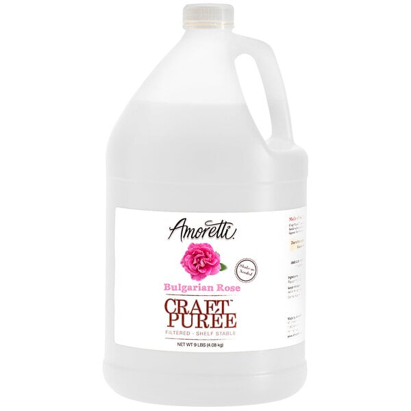 A white jug of Amoretti Bulgarian Rose Craft Puree with a label.