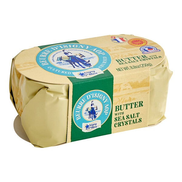 A package of Isigny Sainte-Mere churned butter with a blue and green label.