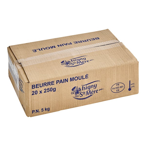 A cardboard box with blue writing for Isigny Sainte-Mere PDO Churned Butter with Sea Salt Crystals.