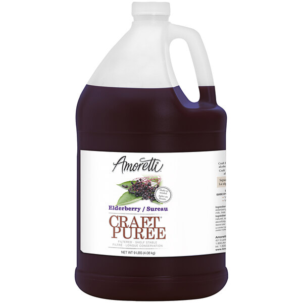 An Amoretti Elderberry Craft Puree 1 gallon jug with a label.
