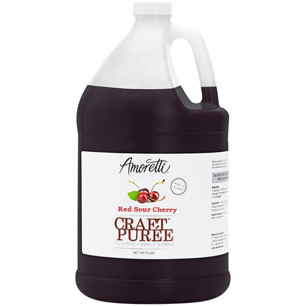 A white jug of Amoretti Red Sour Cherry Craft Puree.