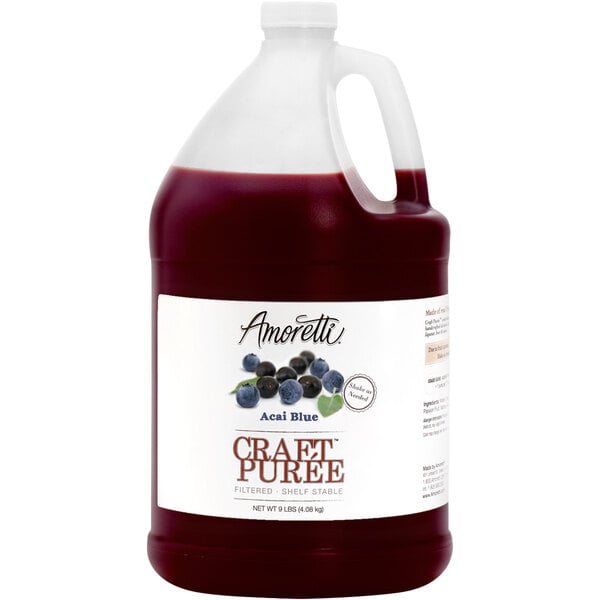 A gallon jug of Amoretti Acai Blue Craft Puree with a blue label.