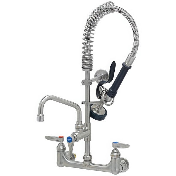 A silver stainless steel wall mount pre-rinse faucet with a hose.