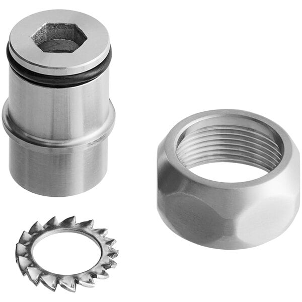 A close-up of a stainless steel nut and washer set.