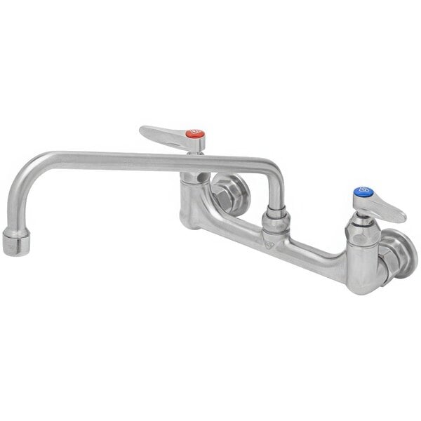 An Eversteel stainless steel wall mount pantry faucet with two handles and a swing nozzle.