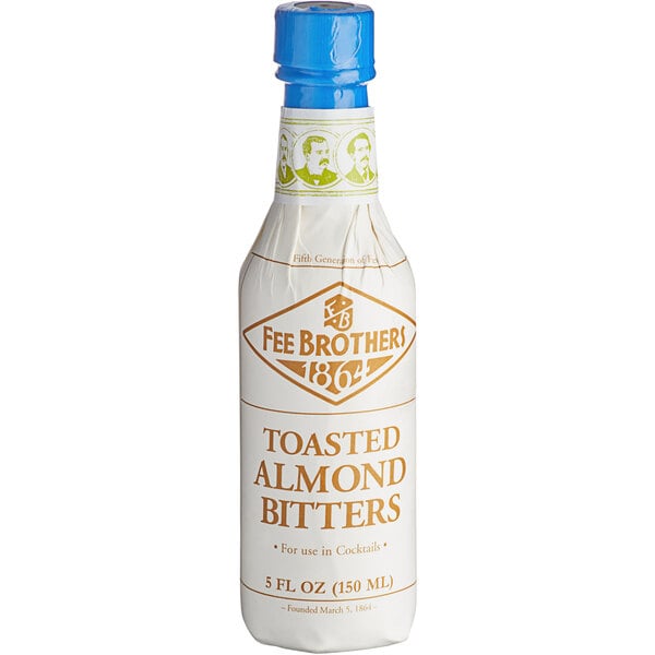 A bottle of Fee Brothers Toasted Almond Bitters with a white label.