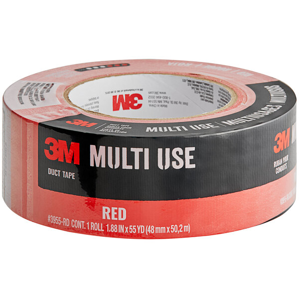 A roll of 3M red multi-use duct tape with black text on the label.