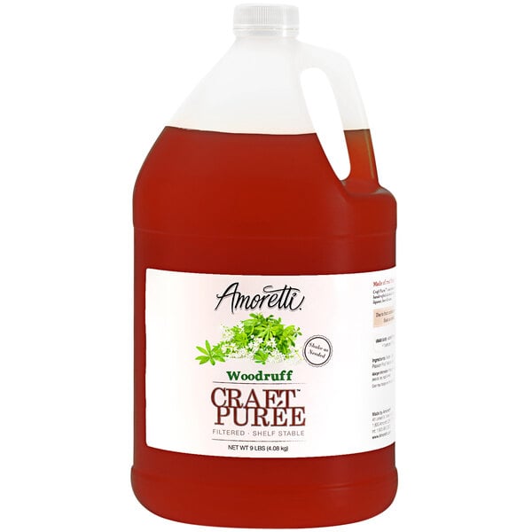 A jug of Amoretti Woodruff Craft Puree with a white label.