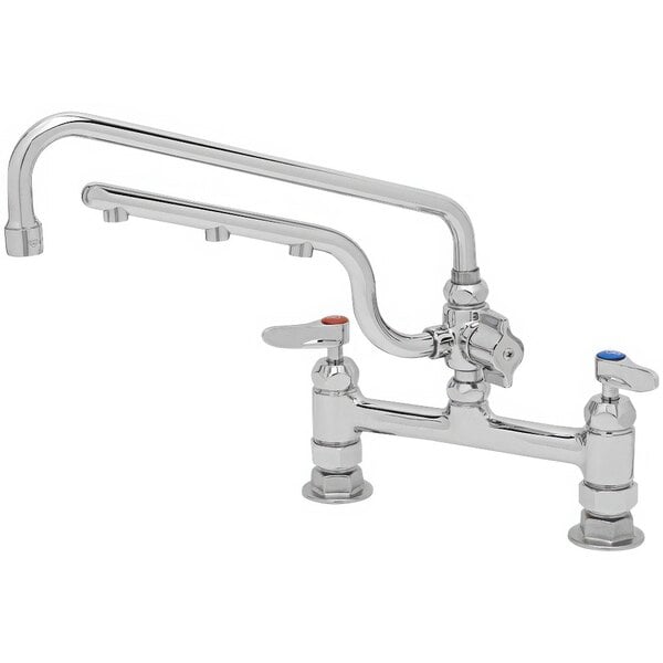 A T&S chrome deck-mount faucet with two handles and a swing nozzle.