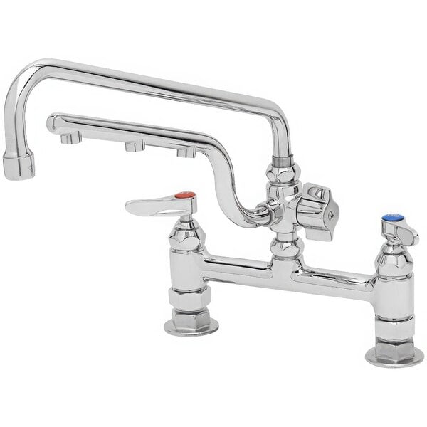 A T&S chrome deck-mount faucet with two handles and two spouts.