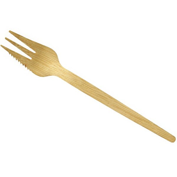 A Solia natural bamboo fork with serrated prongs and a handle.