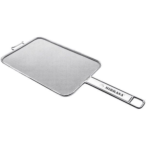 A Mibrasa stainless steel mesh flat grill basket with a handle.