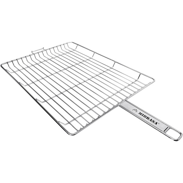 A stainless steel Mibrasa grill basket with a metal rack and handle.