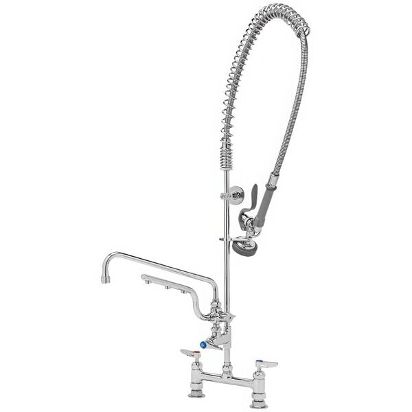 A T&S chrome deck mount pre-rinse faucet with a 12" swing nozzle and 10" sprayer arm hose.