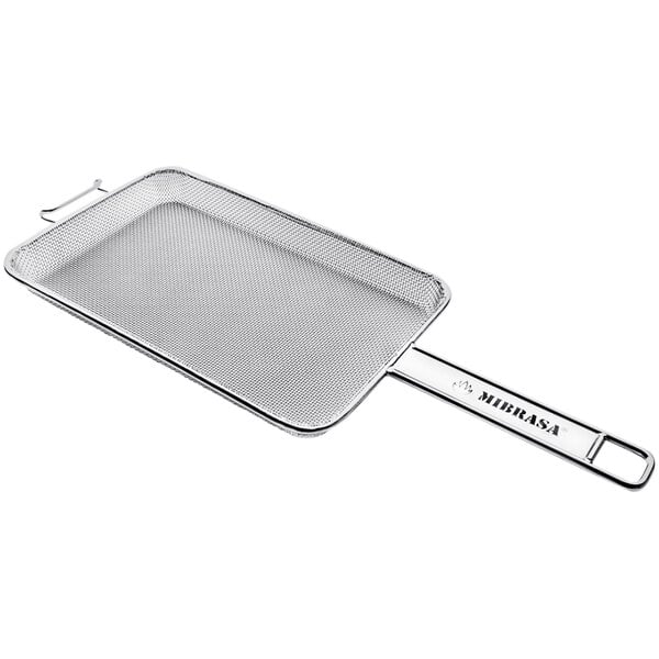 A stainless steel mesh grill basket with a handle.