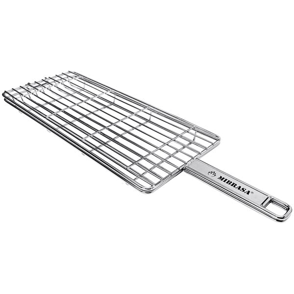 A stainless steel Mibrasa double grill basket with a handle.