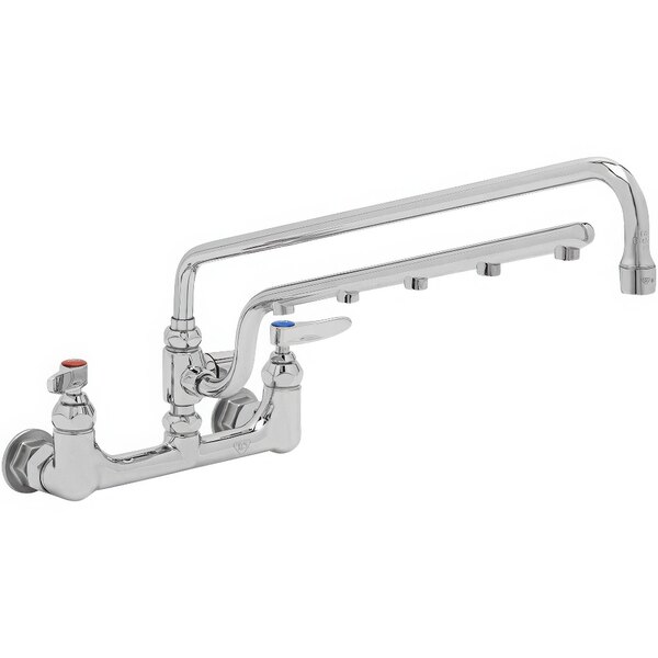 A T&S chrome wall mount faucet with two handles and a hose.