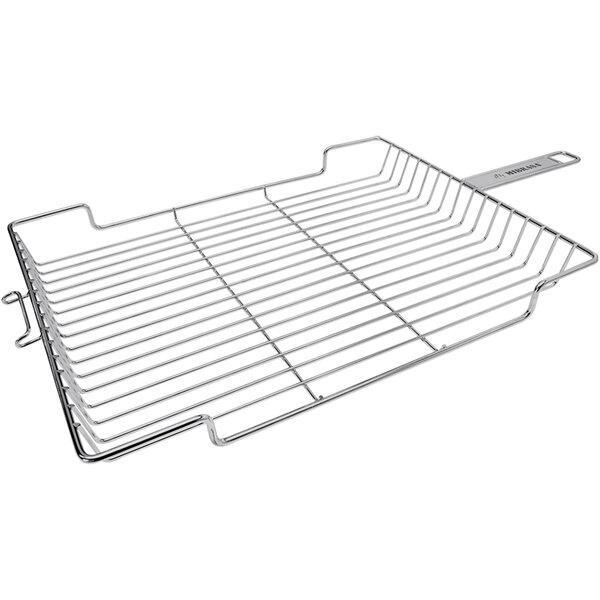 A stainless steel wire rack with a handle.