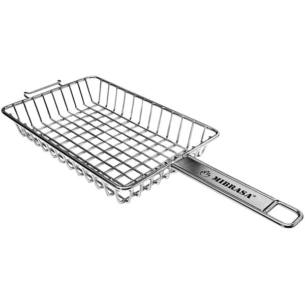 A stainless steel wire grill basket with a handle.