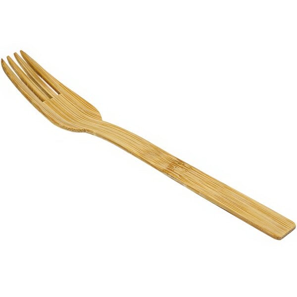 A close-up of a Solia natural bamboo fork with a wooden handle.