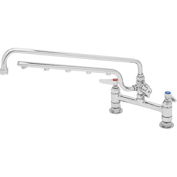 A T&S chrome deck-mount faucet with two handles and a sprayer arm.