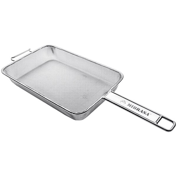 A stainless steel mesh grill basket with a handle.