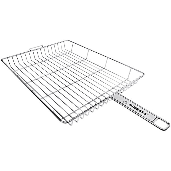 A Mibrasa stainless steel wire grill basket with a metal grid and handle.