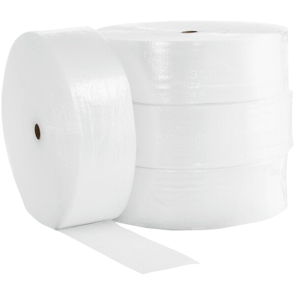 A stack of Pregis white small bubble rolls.