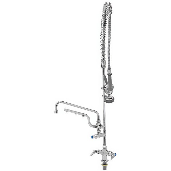 A T&S chrome deck mount pre-rinse faucet with a hose and sprayer.