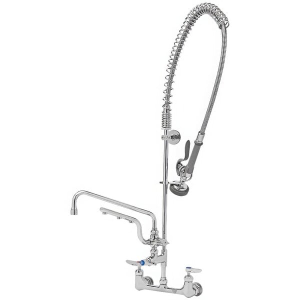 A T&S chrome wall mount pre-rinse faucet with a hose and sprayer.